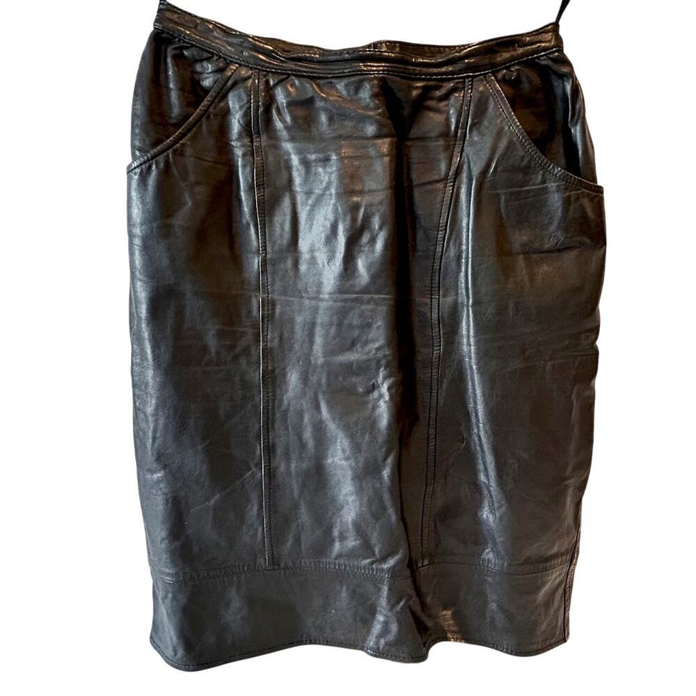 80s Vintage Genuine Black Leather Sexy Vixen knee Length Skirt Size 8 - Picture 3 of 9